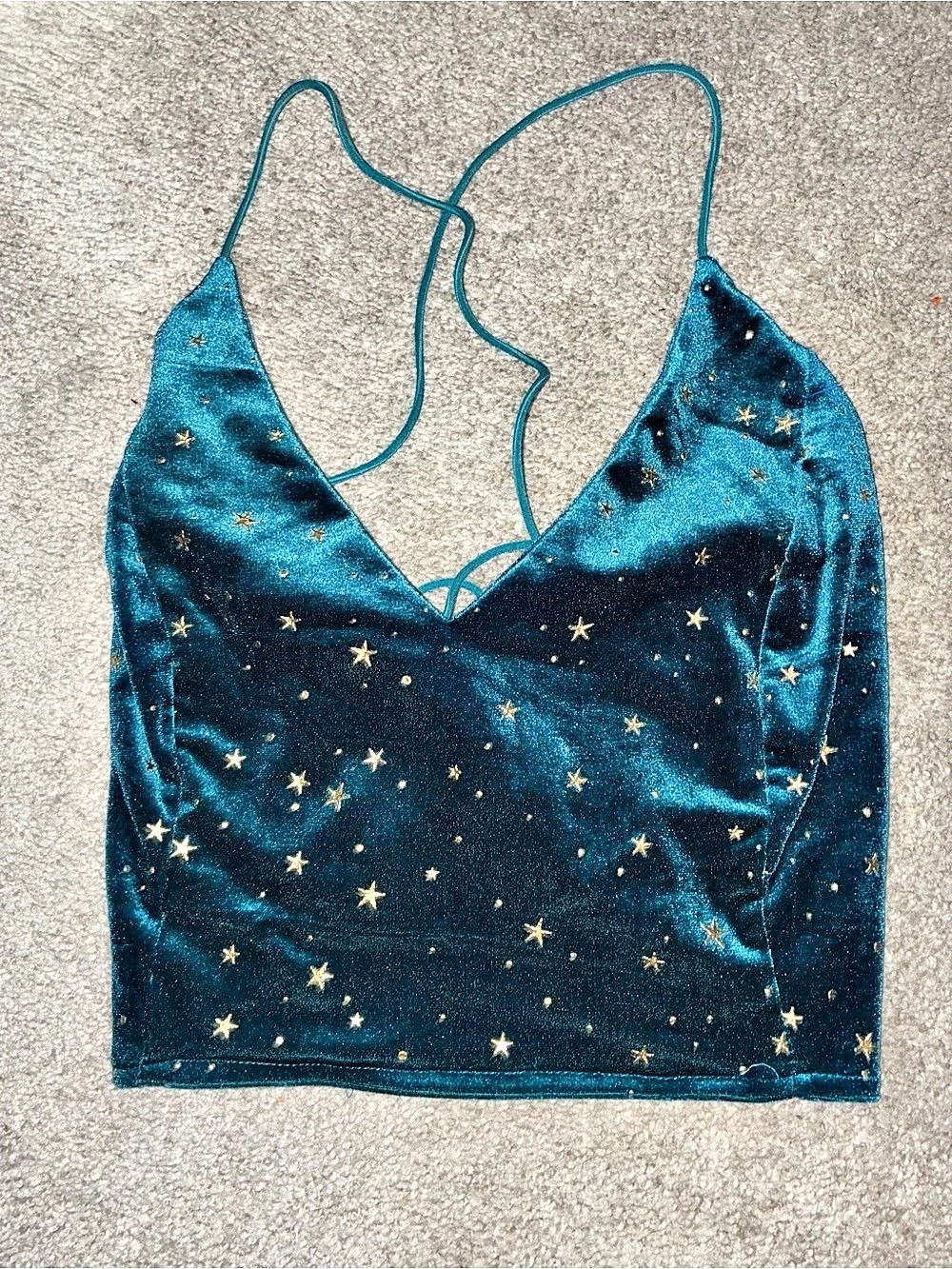 Star Print Velvet Crop Top in Blue & Gold Like New